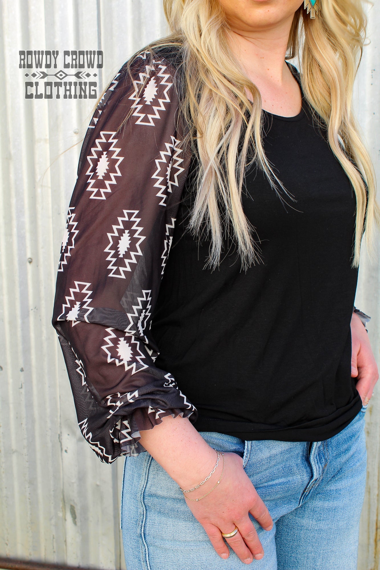Western Tops, Western Apparel, Western Fashion, Western Boutique, Mesh Sleeves, Aztec Print, Western Wholesale, Wholesale Clothing